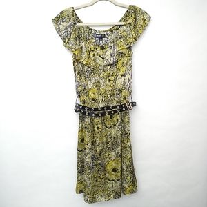 Allen B Yellow dress with belt, abstract floral